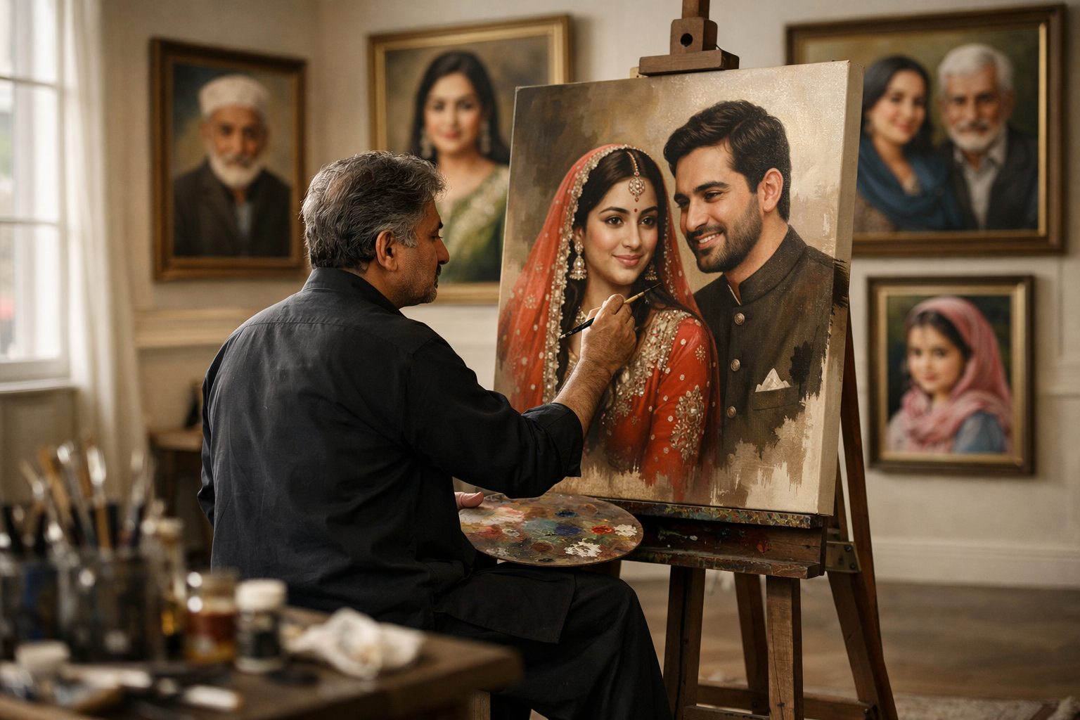 Custom portrait artwork by Pasha Studio serving clients across Pakistan including Karachi, Lahore, Islamabad, Peshawar, Multan and all other cities.